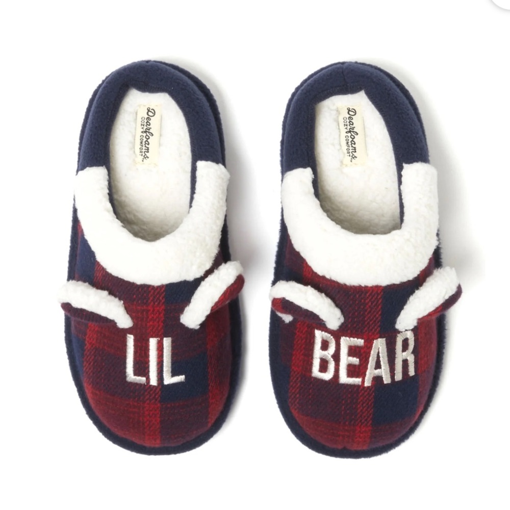 Dearfoams Kids Plaid Slippers - Red and Blue Size 2/3